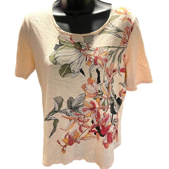 Chicos Peach Foiled Floral T-Shirt Sz M - Picture 2 of 9